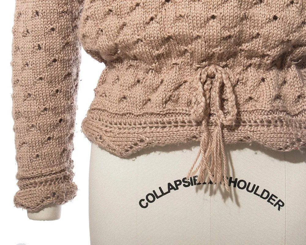 1970s Beaded Tan Knit Wool Sweater | medium/large