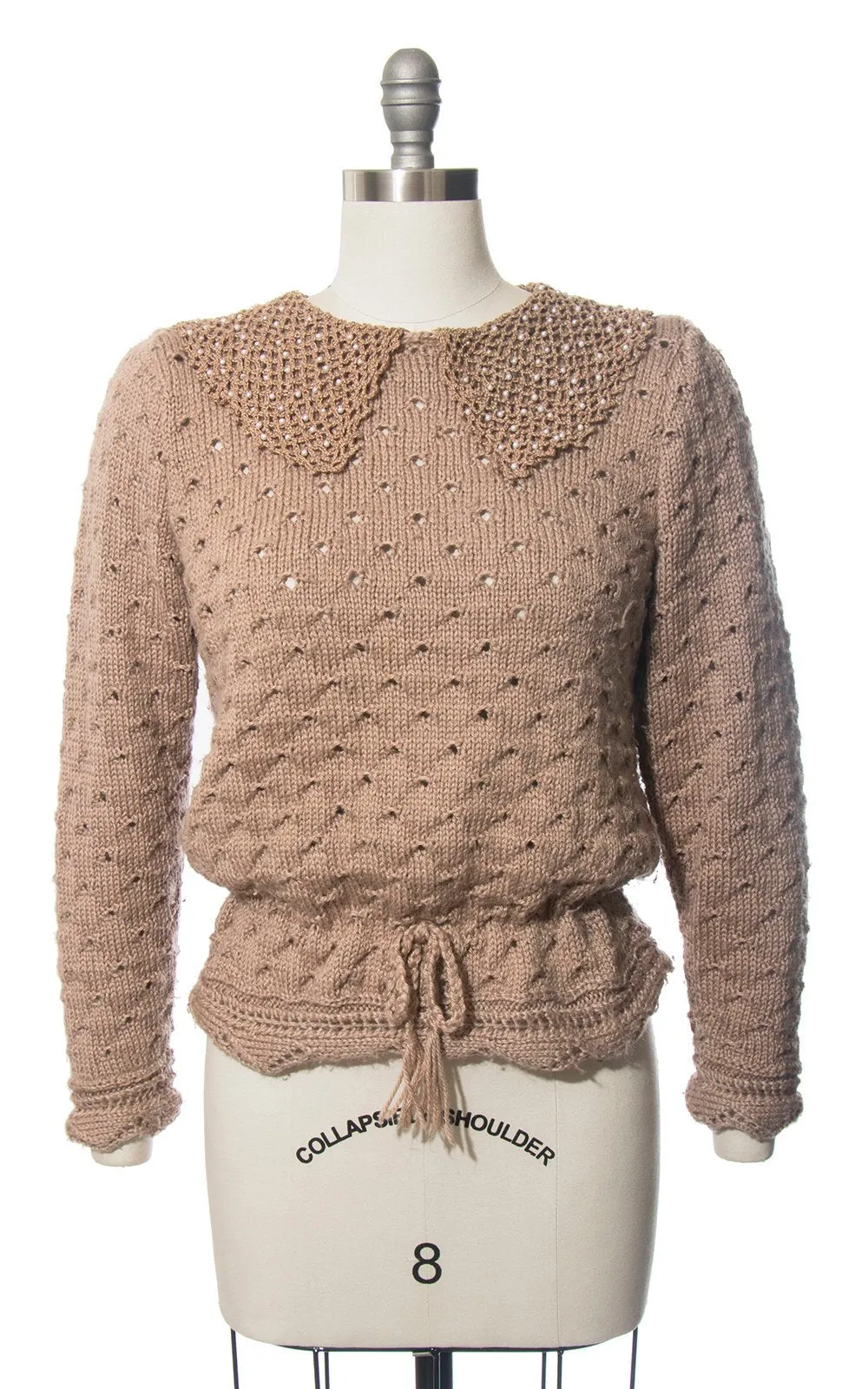 1970s Beaded Tan Knit Wool Sweater | medium/large