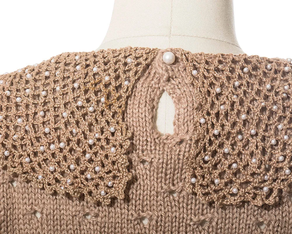 1970s Beaded Tan Knit Wool Sweater | medium/large