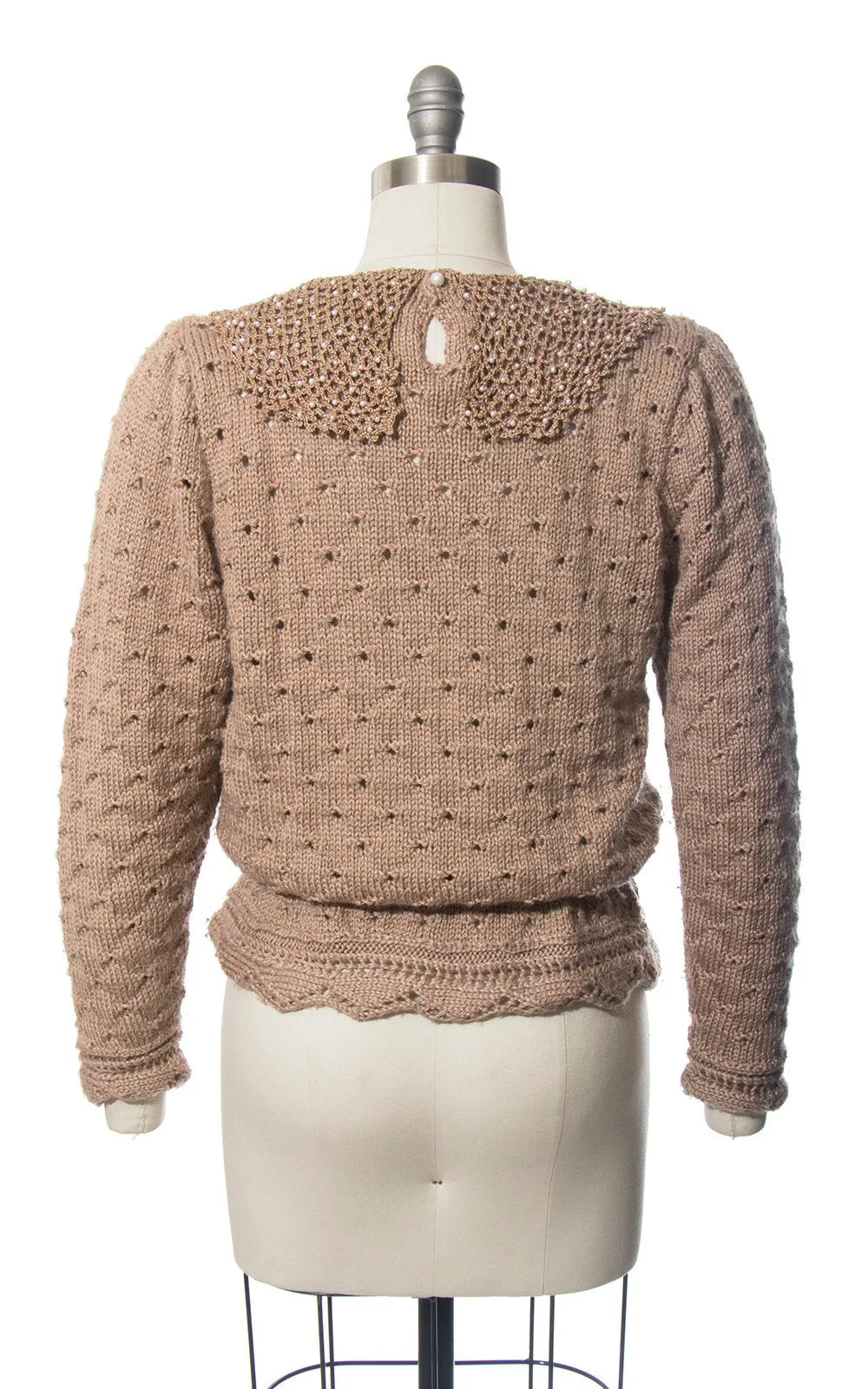 1970s Beaded Tan Knit Wool Sweater | medium/large
