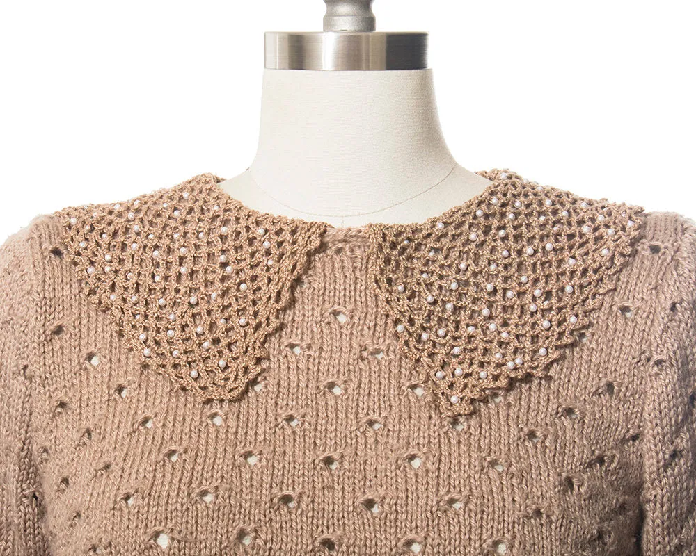 1970s Beaded Tan Knit Wool Sweater | medium/large