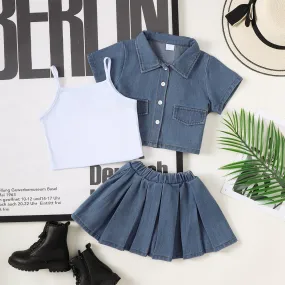 4-7Y 3PCS Girls Denim Set, Short Sleeve Denim Jacket   Denim Pleated Skirt   Camisole Set For Outdoor Music Festival Sizes 4-7 Catpapa 462312180