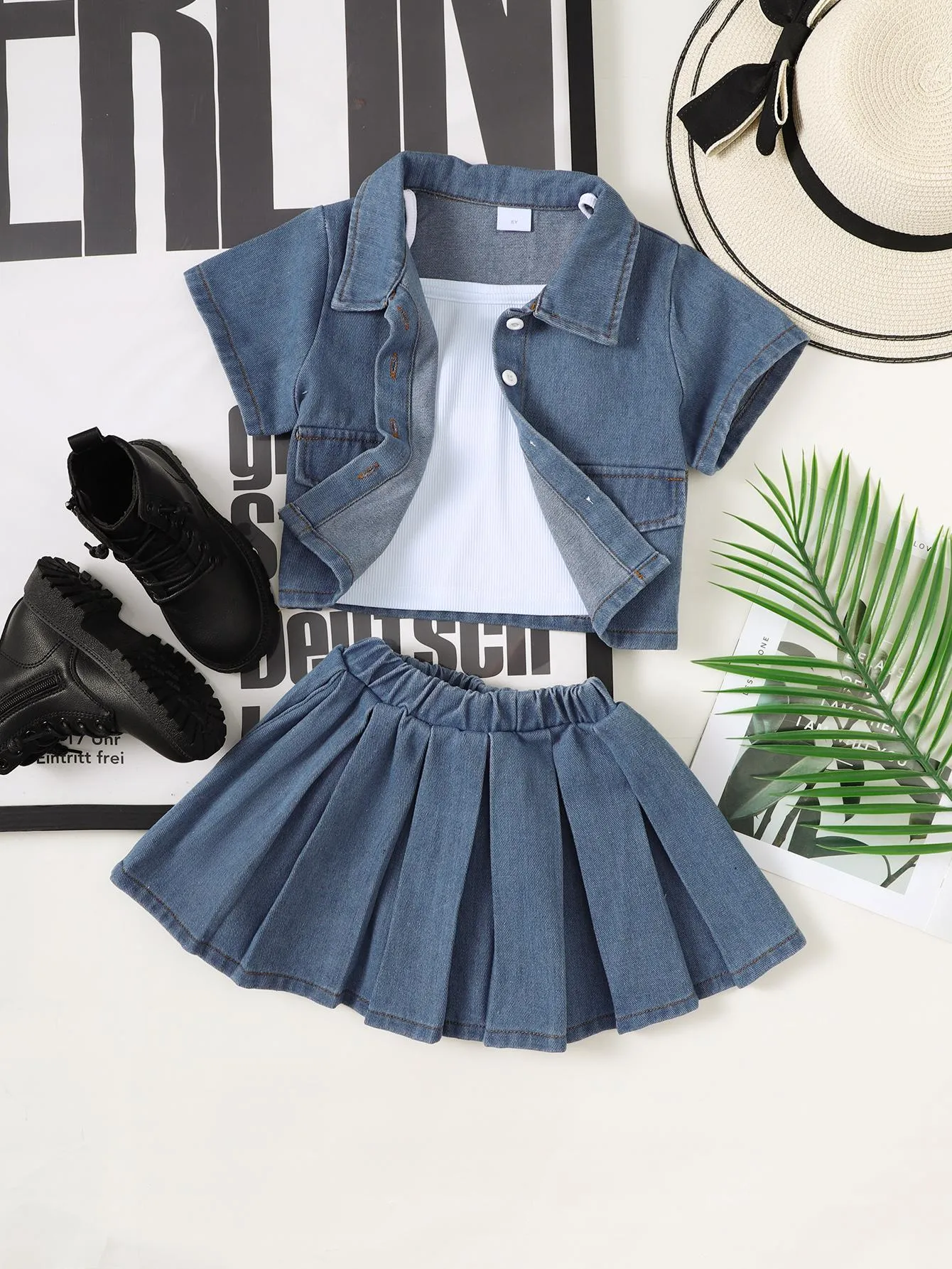 4-7Y 3PCS Girls Denim Set, Short Sleeve Denim Jacket   Denim Pleated Skirt   Camisole Set For Outdoor Music Festival Sizes 4-7 Catpapa 462312180