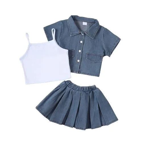 4-7Y 3PCS Girls Denim Set, Short Sleeve Denim Jacket   Denim Pleated Skirt   Camisole Set For Outdoor Music Festival Sizes 4-7 Catpapa 462312180