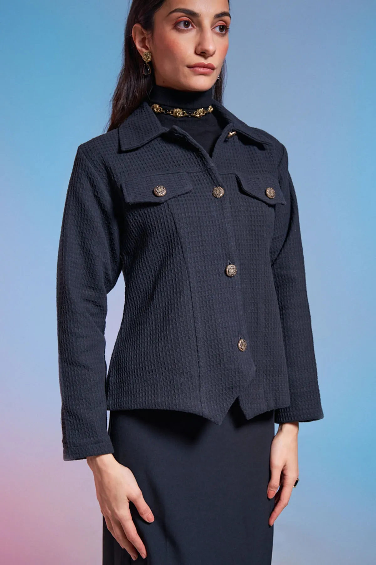 Black Button Down Tweed Jacket