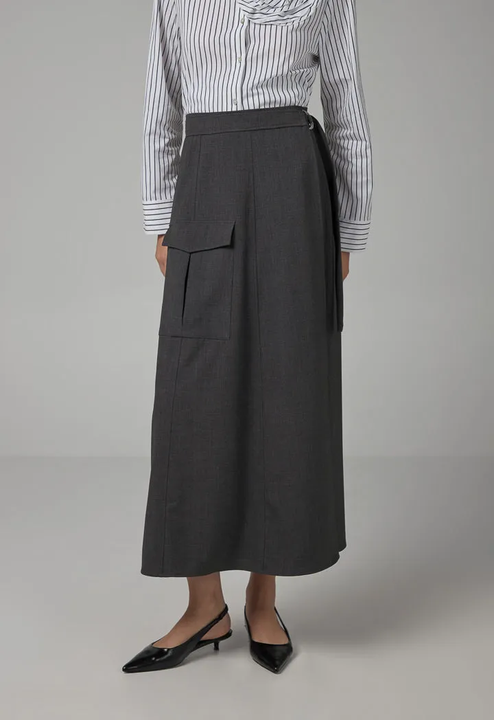 Choice Solid Wrap Flap Pocket Skirt Dark Grey