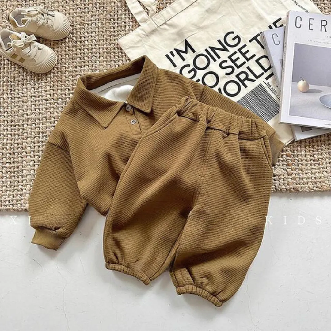 Korean Style  Plush Polo Shirt Waffle Pants