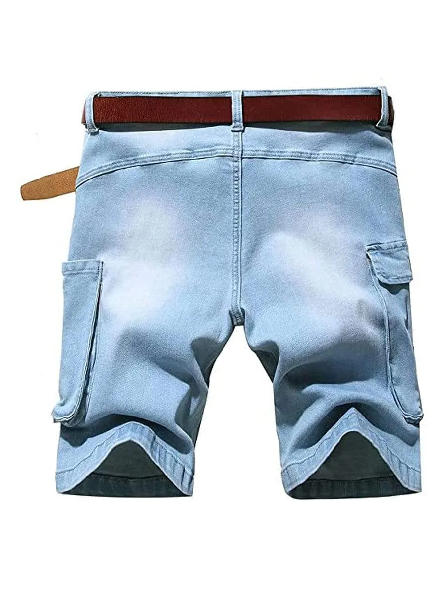 LONGBIDA Destroyed Pants Stretch Cargo Men Ripped Shorts Jeans Summer Casual