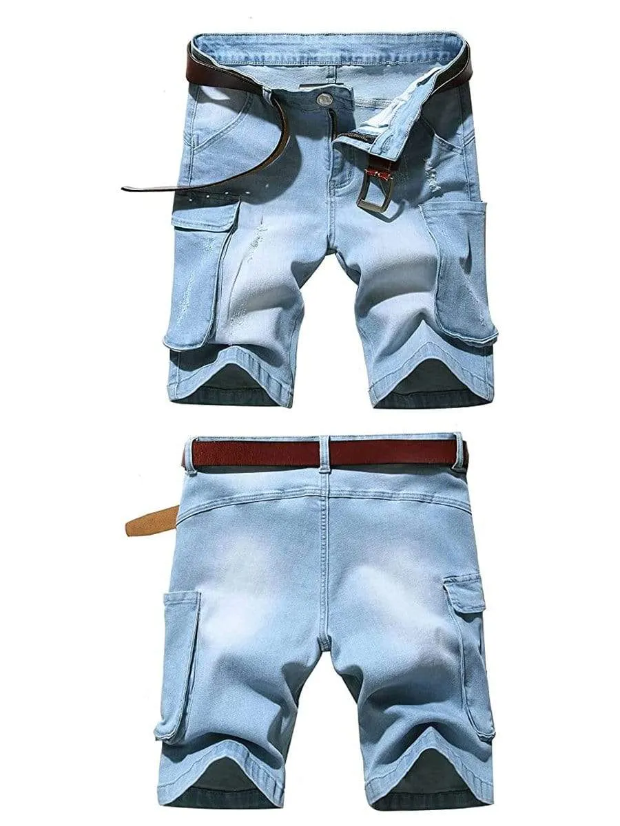LONGBIDA Destroyed Pants Stretch Cargo Men Ripped Shorts Jeans Summer Casual