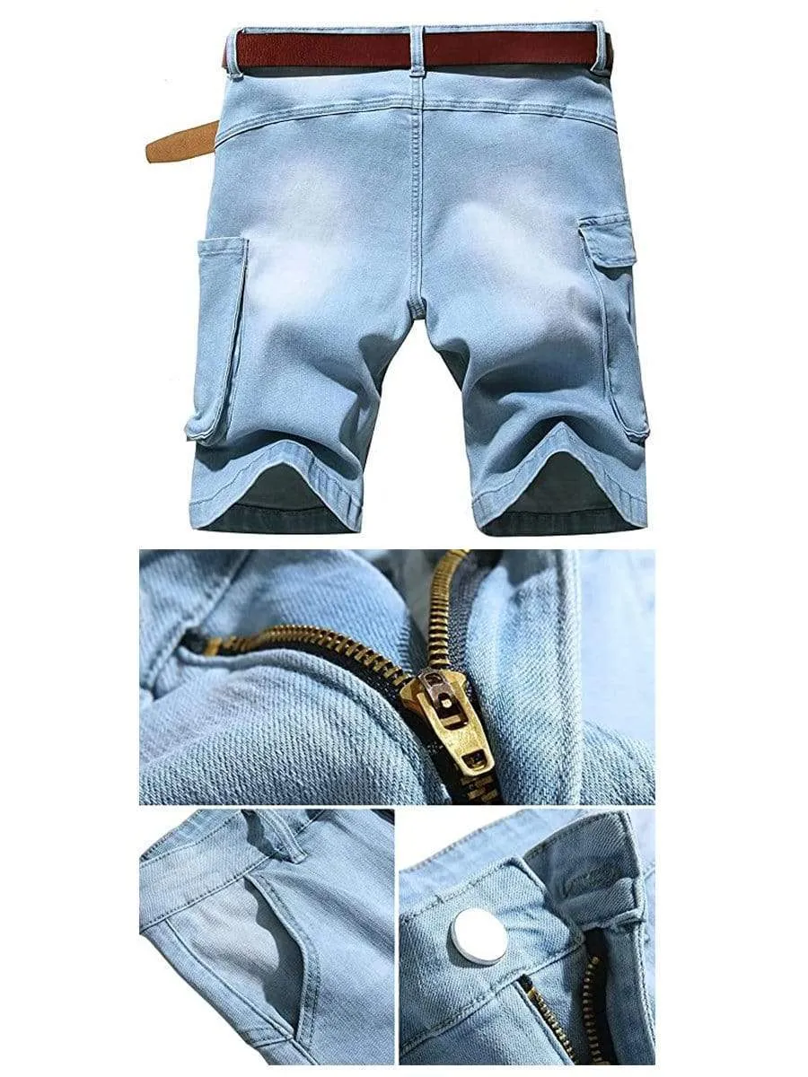 LONGBIDA Destroyed Pants Stretch Cargo Men Ripped Shorts Jeans Summer Casual