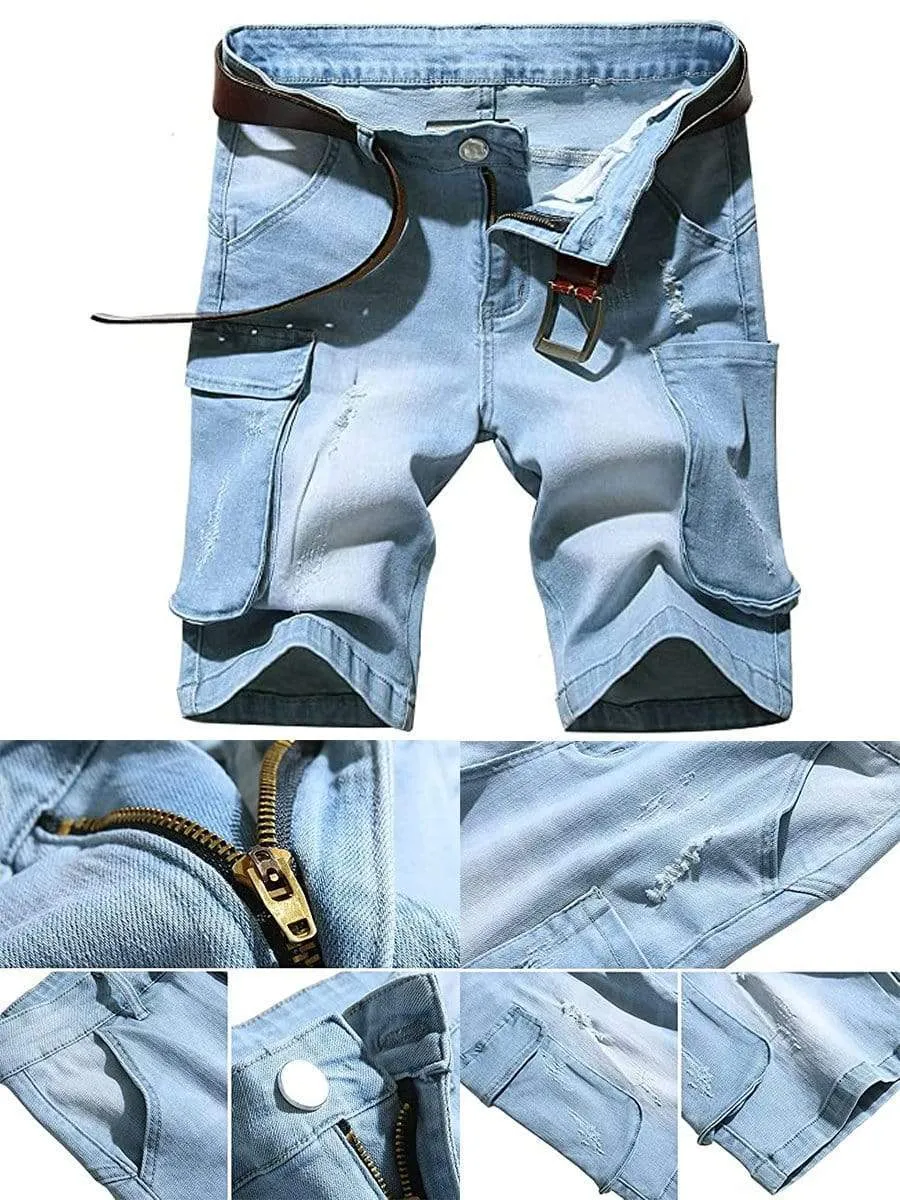 LONGBIDA Destroyed Pants Stretch Cargo Men Ripped Shorts Jeans Summer Casual