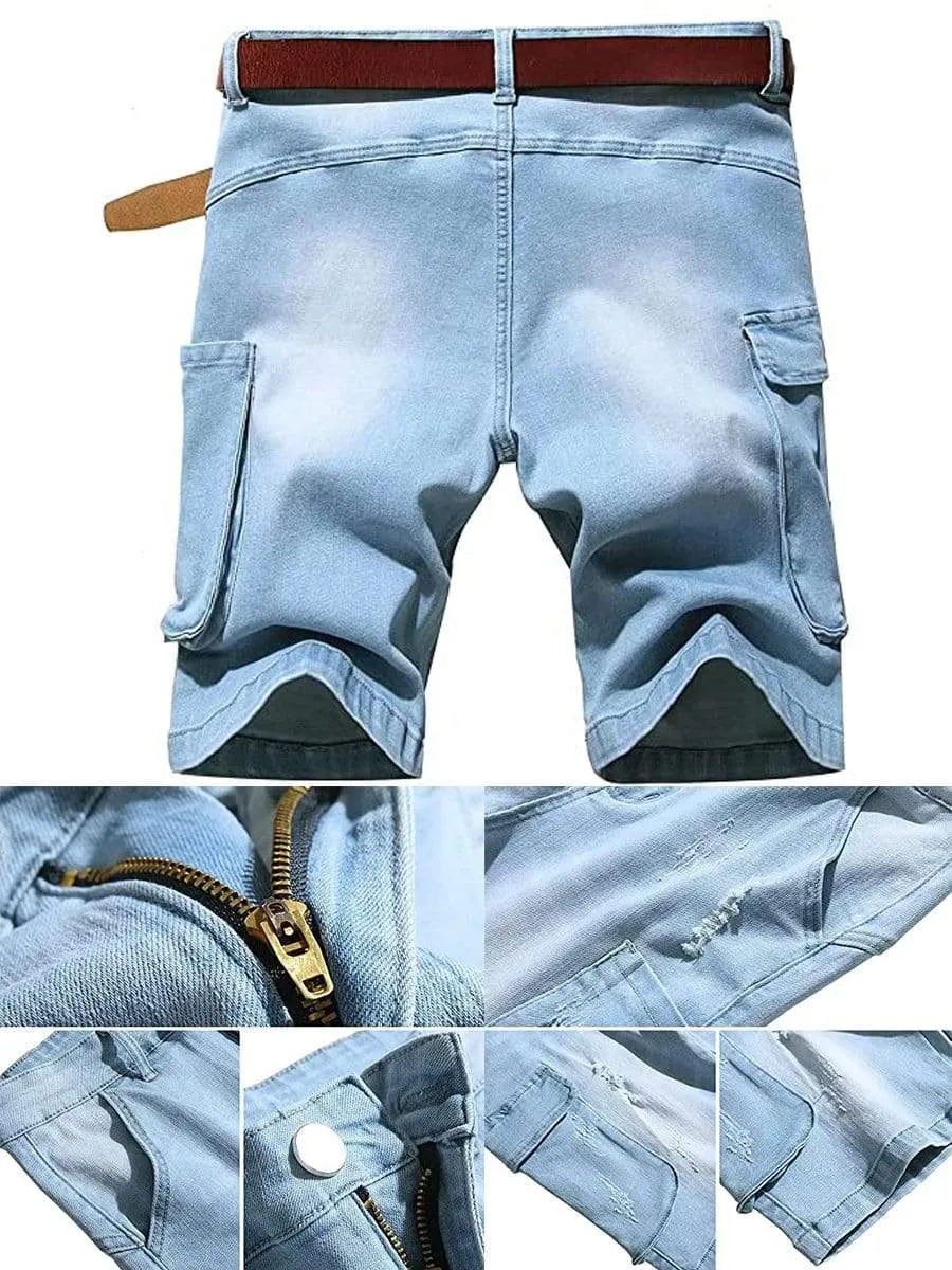 LONGBIDA Destroyed Pants Stretch Cargo Men Ripped Shorts Jeans Summer Casual