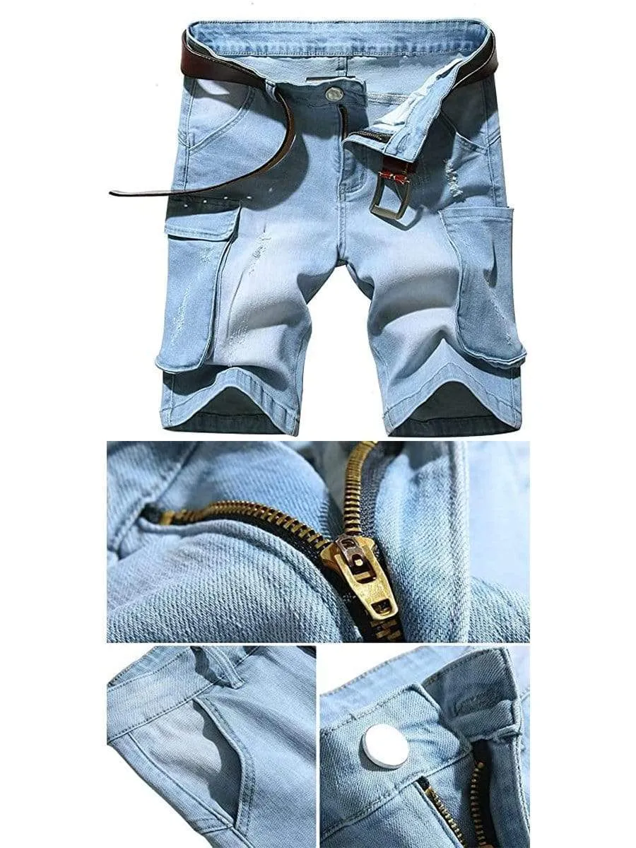 LONGBIDA Destroyed Pants Stretch Cargo Men Ripped Shorts Jeans Summer Casual