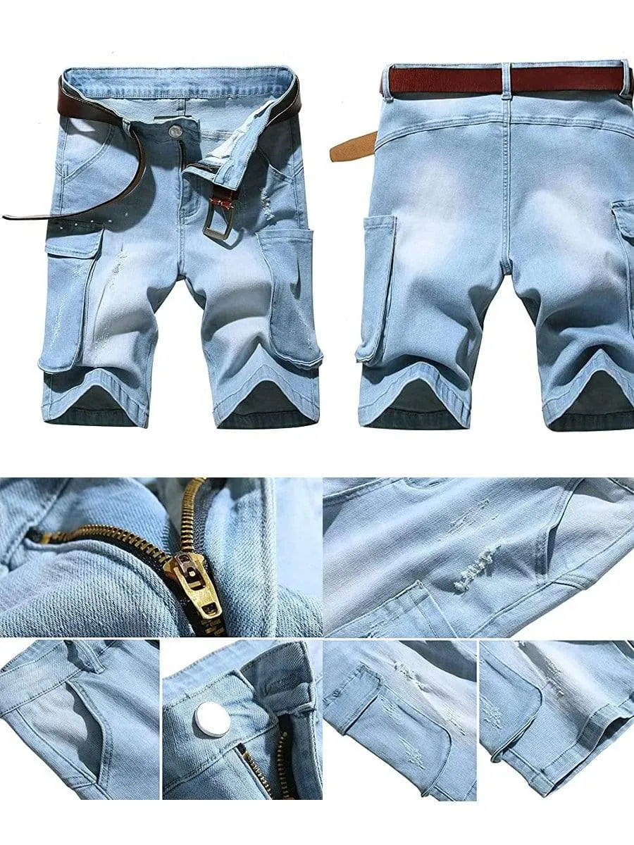 LONGBIDA Destroyed Pants Stretch Cargo Men Ripped Shorts Jeans Summer Casual