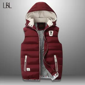Warm Men's Jacket Vest Overcoats Sleeveless and Hat Detachable